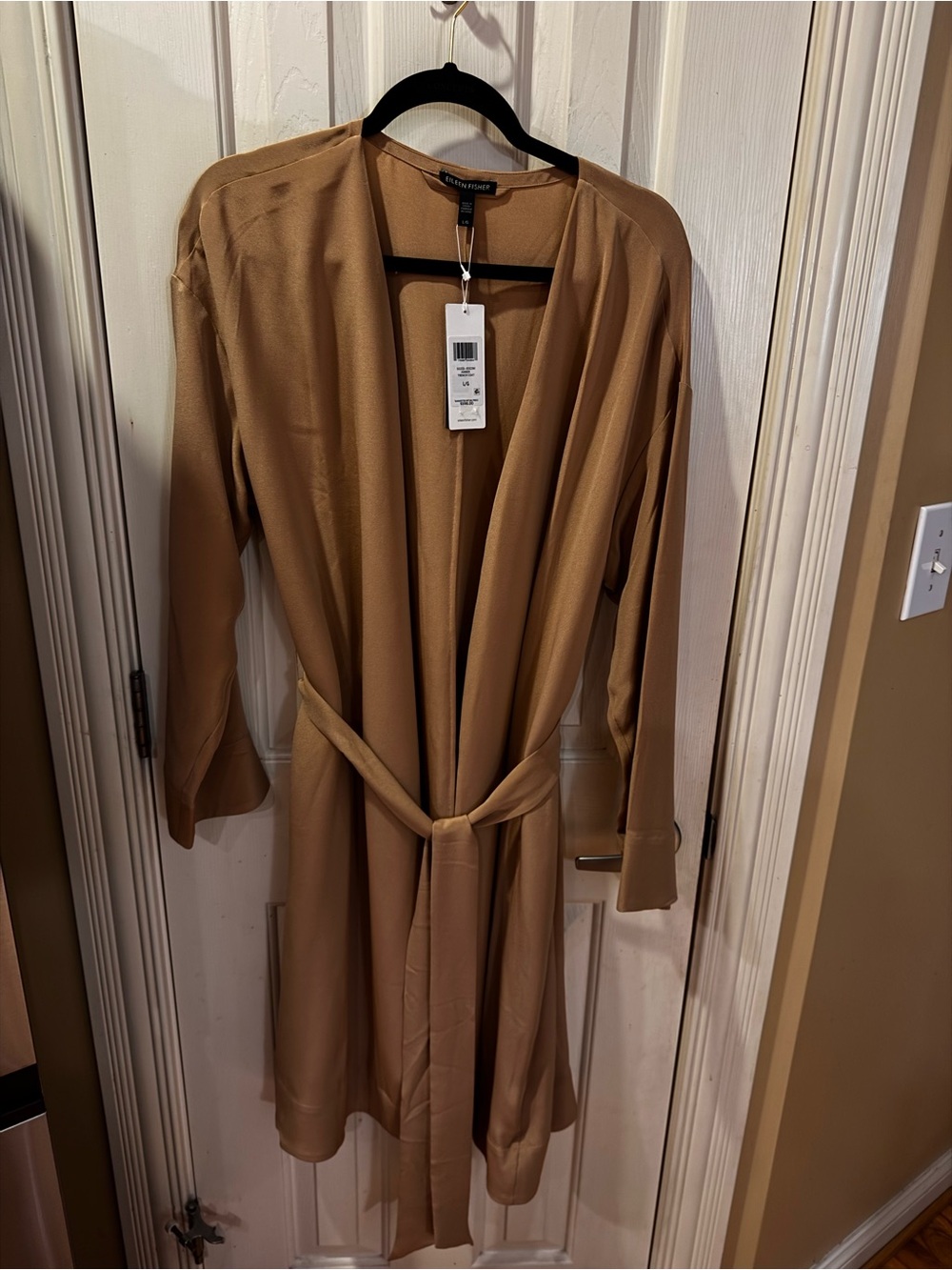 Eileen Fisher Tan Open-Front Long Belted Trench Coat/Duster 100% Silk Size L